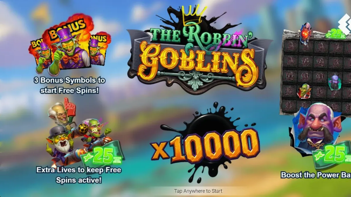 Tampilan visual slot Robbin’ Goblins dengan tema goblin yang kacau dan penuh ledakan.